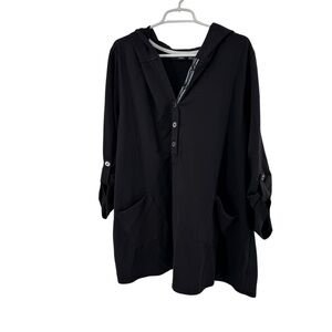 Susan Graver Weekend 1/2 button black hooded pullover knit top roll sleeves 3X